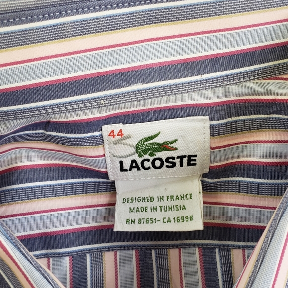 Lacoste Long Sleeve Mens 44  Button Up Dress Shirt Pinks Grays Striped Cotton - Picture 3 of 12